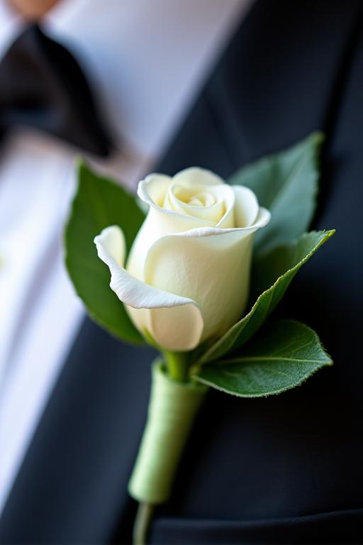 Un fiore all'occhiello elegante per lo sposo con un piccolo bocciolo di rosa bianca e un accento verde.